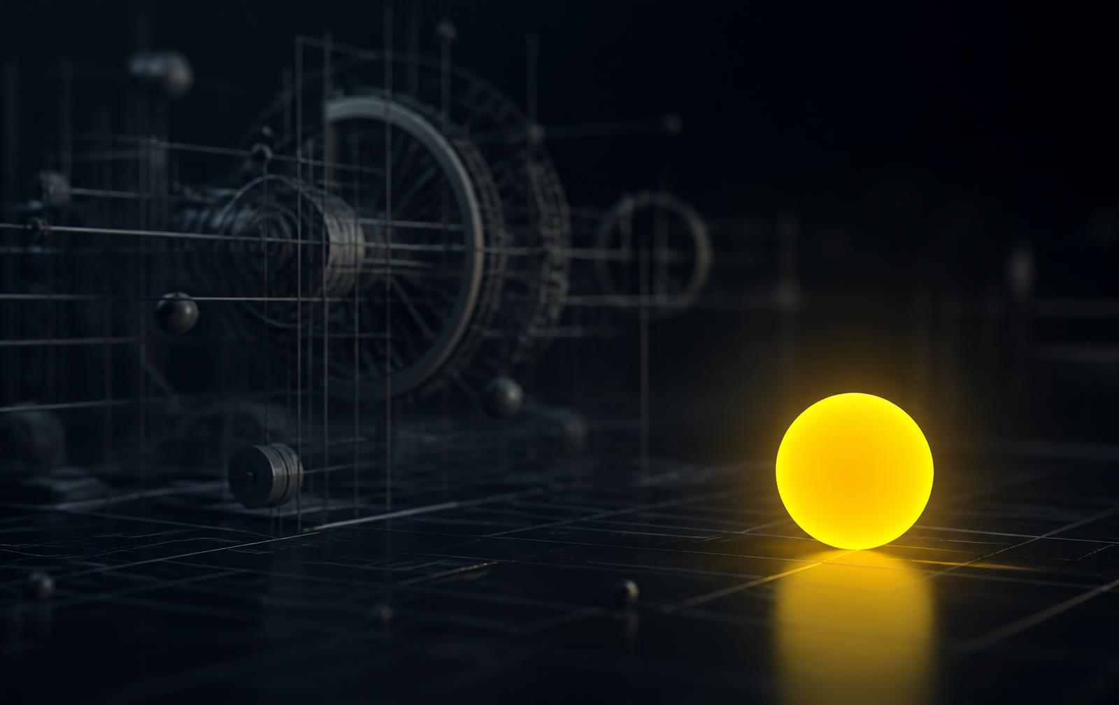 Abstract visual: technical machinery fading back while a single clear outcome glows
