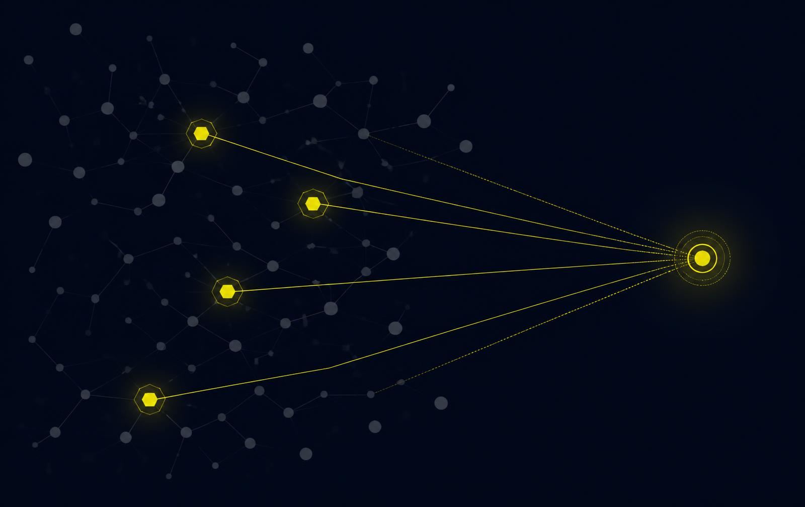 Abstract visual: bright expert markers guiding a field of resources toward one finished outcome