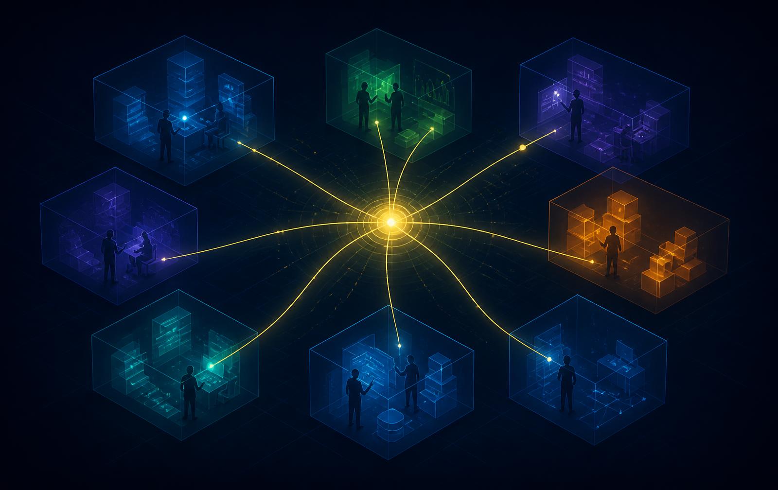 Abstract visual of separate organizational boxes connected through a central understanding
